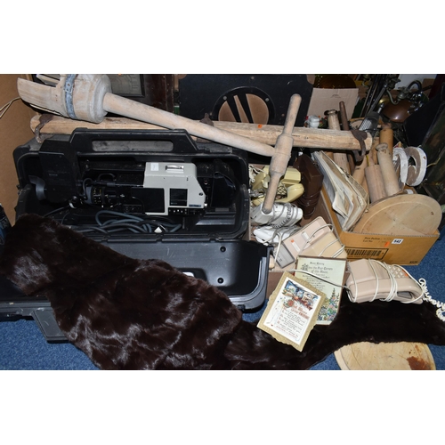 542 - THREE BOXES AND LOOSE VINTAGE ELECTRONICS, TREEN, FUR STOLE AND SUNDRY ITEMS, to include a cased Son... 