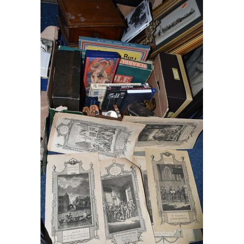 544 - TWO BOXES AND LOOSE PICTURES AND SUNDRY ITEMS, to include a boxed Roulette game, a small cased cryst... 