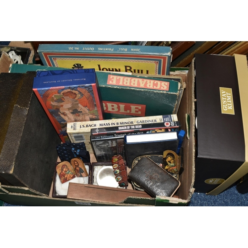 544 - TWO BOXES AND LOOSE PICTURES AND SUNDRY ITEMS, to include a boxed Roulette game, a small cased cryst... 