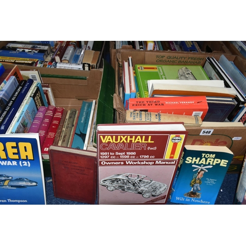 548 - FIVE BOXES OF BOOKS containing over 140 miscellaneous titles in hardback and paperback formats, subj... 