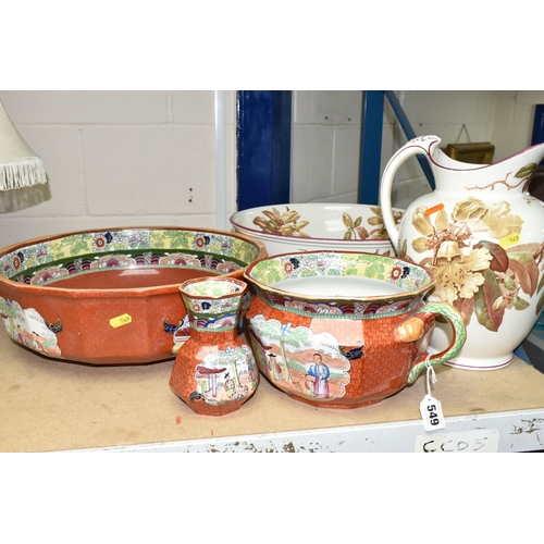 549 - A MASON'S IRONSTONE VICTORIAN WASH SET,  pattern 107, comprising a large bowl, diameter 41cm, chambe... 