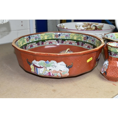 549 - A MASON'S IRONSTONE VICTORIAN WASH SET,  pattern 107, comprising a large bowl, diameter 41cm, chambe... 