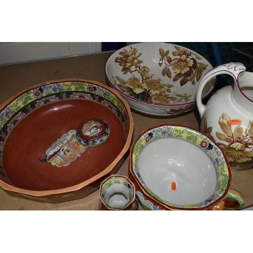 549 - A MASON'S IRONSTONE VICTORIAN WASH SET,  pattern 107, comprising a large bowl, diameter 41cm, chambe... 