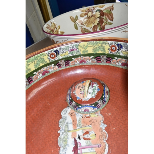 549 - A MASON'S IRONSTONE VICTORIAN WASH SET,  pattern 107, comprising a large bowl, diameter 41cm, chambe... 