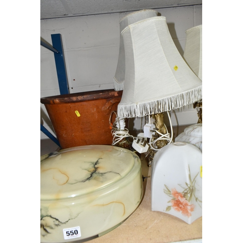 550 - A GROUP OF TABLE LAMPS AND GLASS SHADES, comprising a large 1920's/30's marbled glass ceiling shade,... 