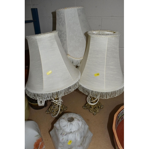 550 - A GROUP OF TABLE LAMPS AND GLASS SHADES, comprising a large 1920's/30's marbled glass ceiling shade,... 