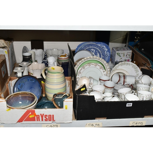 553 - FOUR BOXES OF CERAMICS, to include Royal Sutherland tea set, Roslyn china 'Whispering Grass' pattern... 