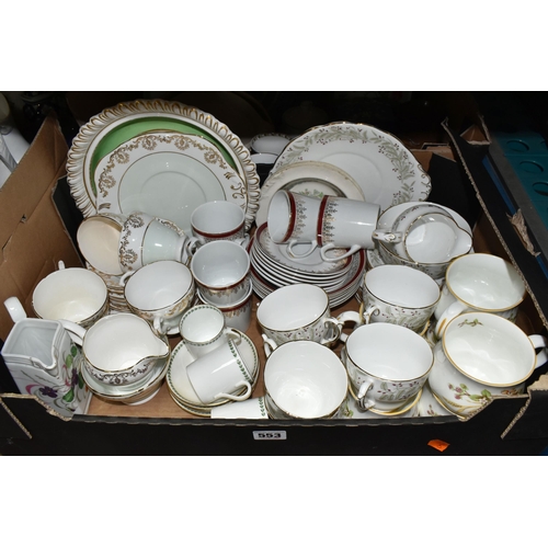 553 - FOUR BOXES OF CERAMICS, to include Royal Sutherland tea set, Roslyn china 'Whispering Grass' pattern... 