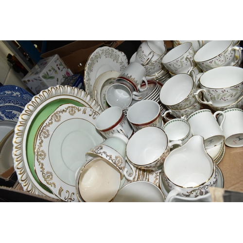 553 - FOUR BOXES OF CERAMICS, to include Royal Sutherland tea set, Roslyn china 'Whispering Grass' pattern... 