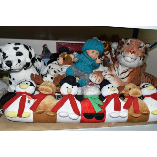 565 - THREE BOXES OF VINTAGE DOLLS AND SOFT TOYS, to include a large plush tiger, Christmas draught exclud... 