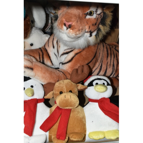 565 - THREE BOXES OF VINTAGE DOLLS AND SOFT TOYS, to include a large plush tiger, Christmas draught exclud... 