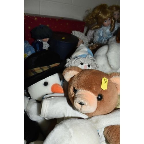 565 - THREE BOXES OF VINTAGE DOLLS AND SOFT TOYS, to include a large plush tiger, Christmas draught exclud... 