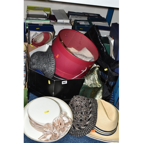 567 - THREE BOXES OF LADIES' SHOES AND HATS, to include approximately twenty boxed pairs of shoes and boot... 