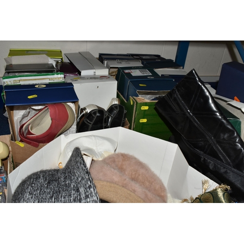 567 - THREE BOXES OF LADIES' SHOES AND HATS, to include approximately twenty boxed pairs of shoes and boot... 