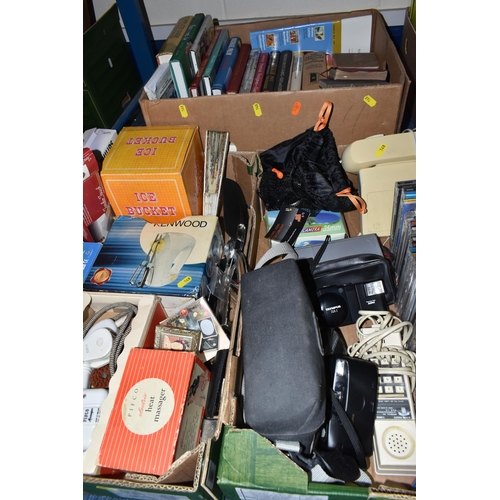 568 - THREE BOXES OF MISCELLANEOUS SUNDRIES, to include .Ds, cream push button phone, an Olympus XA 1, a v... 