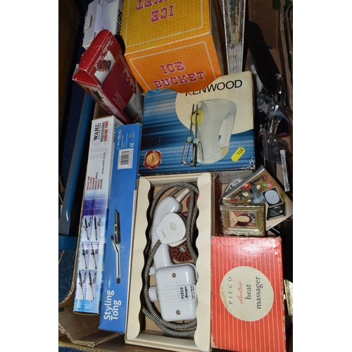 568 - THREE BOXES OF MISCELLANEOUS SUNDRIES, to include .Ds, cream push button phone, an Olympus XA 1, a v... 