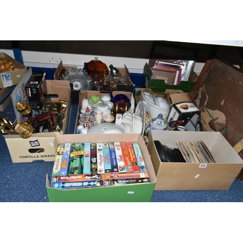 572 - SEVEN BOXES AND LOOSE CERAMICS, GLASS, METAL, SINGLES, PICTURES AND SUNDRY ITEMS, to include a brass... 