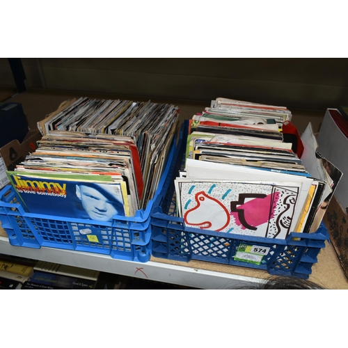 574 - TWO BOXES OF SINGLE RECORDS, over three hundred records, artists include The Pretenders, UB40, Spand... 