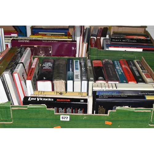 577 - THREE BOXES OF BOOKS containing approximately seventy-five miscellaneous titles in hardback and pape... 