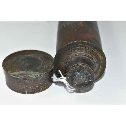 583 - A VICTORIAN BRASS THREE DRAW TELESCOPE, no makers marking, damage and wear to outer brass casing, ma... 