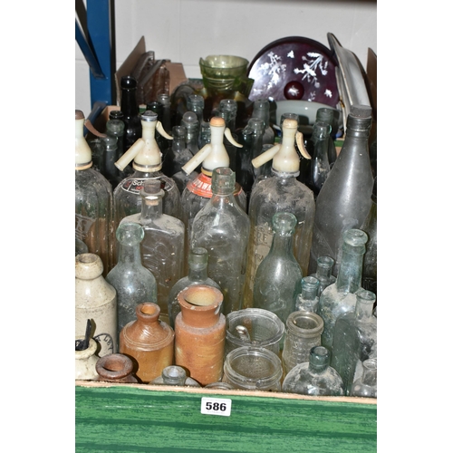 586 - THREE BOXES OF BOTTLES, CERAMICS AND GLASS WARE, to include four soda syphons with etched bottles e.... 