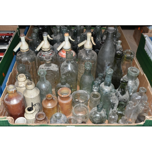 586 - THREE BOXES OF BOTTLES, CERAMICS AND GLASS WARE, to include four soda syphons with etched bottles e.... 