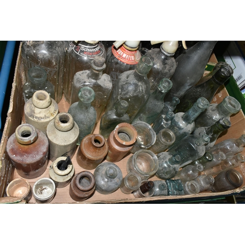 586 - THREE BOXES OF BOTTLES, CERAMICS AND GLASS WARE, to include four soda syphons with etched bottles e.... 