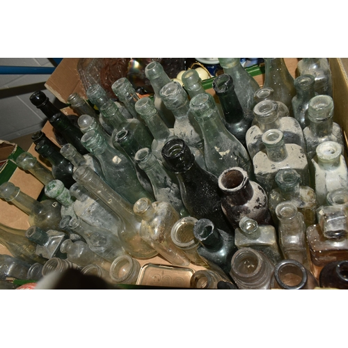 586 - THREE BOXES OF BOTTLES, CERAMICS AND GLASS WARE, to include four soda syphons with etched bottles e.... 