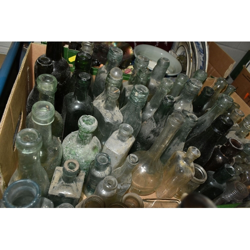 586 - THREE BOXES OF BOTTLES, CERAMICS AND GLASS WARE, to include four soda syphons with etched bottles e.... 