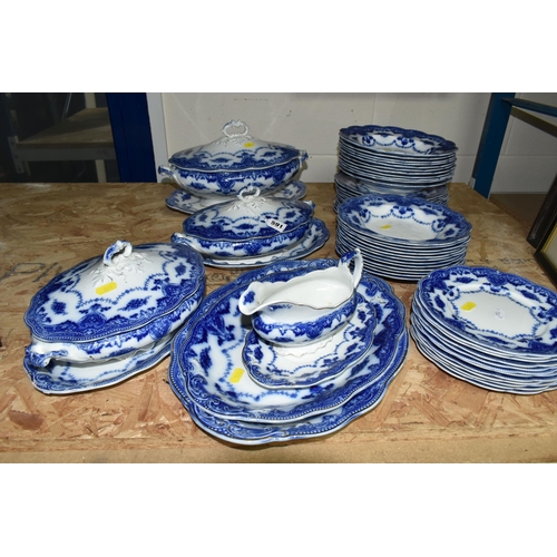 591 - A QUANTITY OF FLOW BLUE WAVERLEY PATTERN BY GRINDLEY DINNERWARE, comprising twelve dinner plates, tw... 