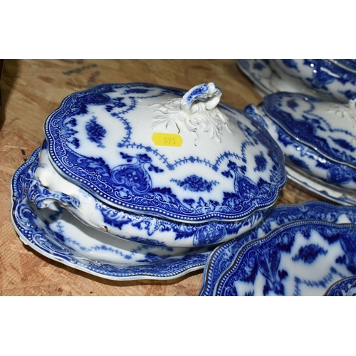 591 - A QUANTITY OF FLOW BLUE WAVERLEY PATTERN BY GRINDLEY DINNERWARE, comprising twelve dinner plates, tw... 