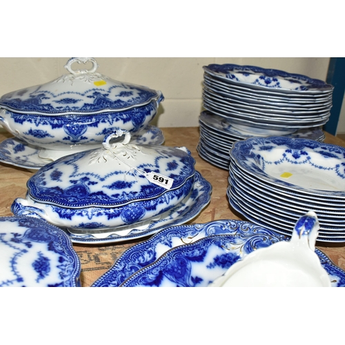 591 - A QUANTITY OF FLOW BLUE WAVERLEY PATTERN BY GRINDLEY DINNERWARE, comprising twelve dinner plates, tw... 