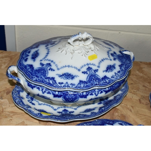 591 - A QUANTITY OF FLOW BLUE WAVERLEY PATTERN BY GRINDLEY DINNERWARE, comprising twelve dinner plates, tw... 