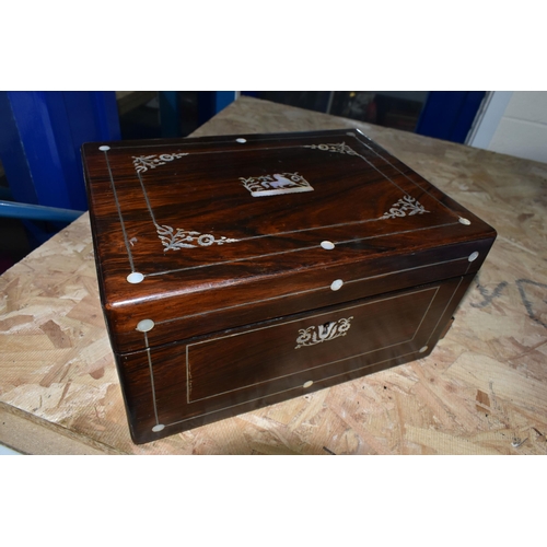 592 - A VICTORIAN MOTHER OF PEARL INLAY VANITY AND JEWELLERY BOX, the fitted interior with silver plate mo... 