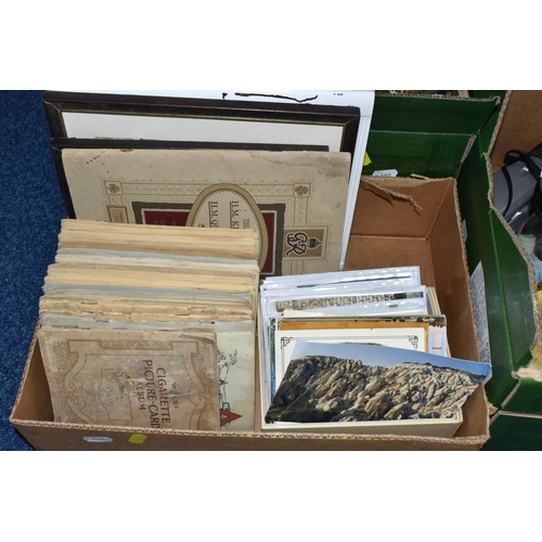 594 - FOUR BOXES AND LOOSE METAL WARES, PICTURES, EPHEMERA AND SUNDRY ITEMS, to include an oil lamp, light... 