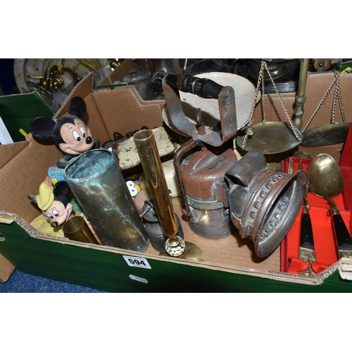 594 - FOUR BOXES AND LOOSE METAL WARES, PICTURES, EPHEMERA AND SUNDRY ITEMS, to include an oil lamp, light... 