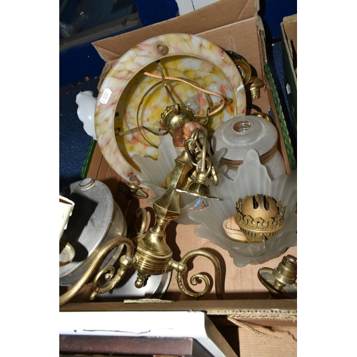 594 - FOUR BOXES AND LOOSE METAL WARES, PICTURES, EPHEMERA AND SUNDRY ITEMS, to include an oil lamp, light... 