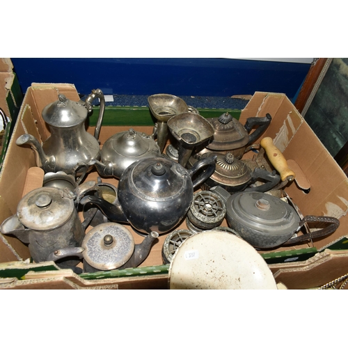 594 - FOUR BOXES AND LOOSE METAL WARES, PICTURES, EPHEMERA AND SUNDRY ITEMS, to include an oil lamp, light... 