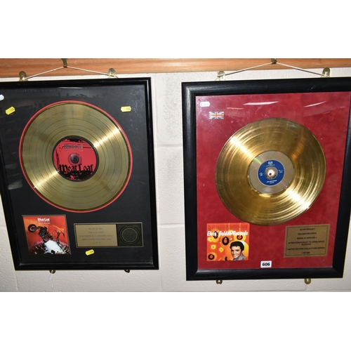 606 - MEAT LOAF 'BAT OUT OF HELL' LIMITED EDITION GOLD DISC, gold coloured plaque reads 'In recognition of... 