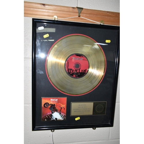 606 - MEAT LOAF 'BAT OUT OF HELL' LIMITED EDITION GOLD DISC, gold coloured plaque reads 'In recognition of... 