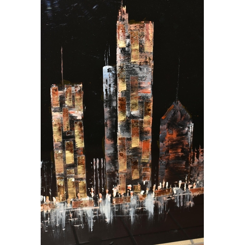 611 - SEVEN MODERN DECORATIVE PIECES OF WALL ART, to include J. Peterson hand embellished Cityscape box ca... 