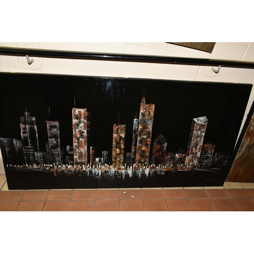 611 - SEVEN MODERN DECORATIVE PIECES OF WALL ART, to include J. Peterson hand embellished Cityscape box ca... 