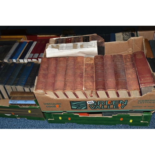 615 - SIX BOXES OF BOOKS containing approximately 130 miscellaneous titles in hardback format, including m... 