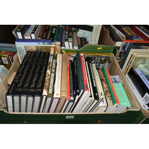 624 - FIVE BOXES OF BOOKS containing approximately 125 miscellaneous titles in hardback and paperback form... 