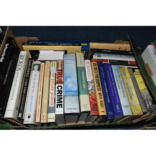 626 - SEVEN BOXES OF BOOKS containing over 200 miscellaneous titles in hard back and paperback formats, mu... 