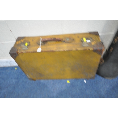 1400 - TWO VINTAGE SUITCASES, largest width 72cm x depth 46cm x height 22cm, along with a gun case and inst... 