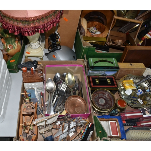 495 - FOUR BOXES AND LOOSE WALKING STICKS, LAMPS, METAL WARE, TREEN AND SUNDRY ITEMS, to include a magnify... 