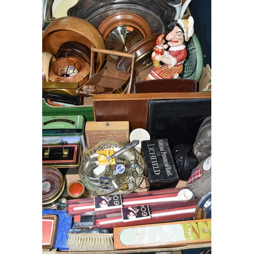 495 - FOUR BOXES AND LOOSE WALKING STICKS, LAMPS, METAL WARE, TREEN AND SUNDRY ITEMS, to include a magnify... 