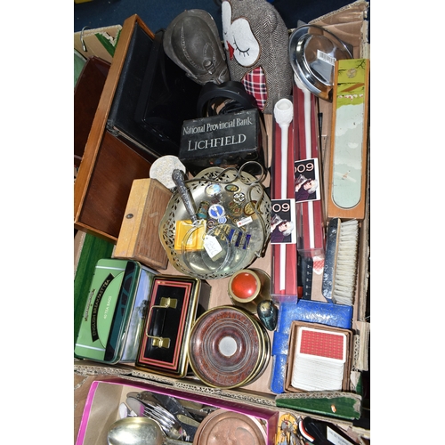 495 - FOUR BOXES AND LOOSE WALKING STICKS, LAMPS, METAL WARE, TREEN AND SUNDRY ITEMS, to include a magnify... 