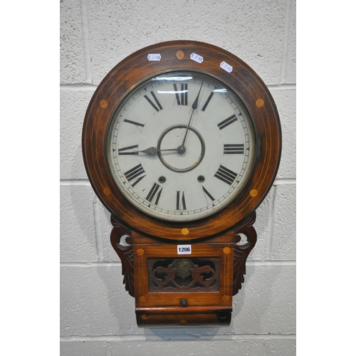 1206 - A 19TH CENTURY WALNUT AND INLAID DROP DIAL WALL CLOCK. with an 11 inch enamel dial, depicting Roman ... 